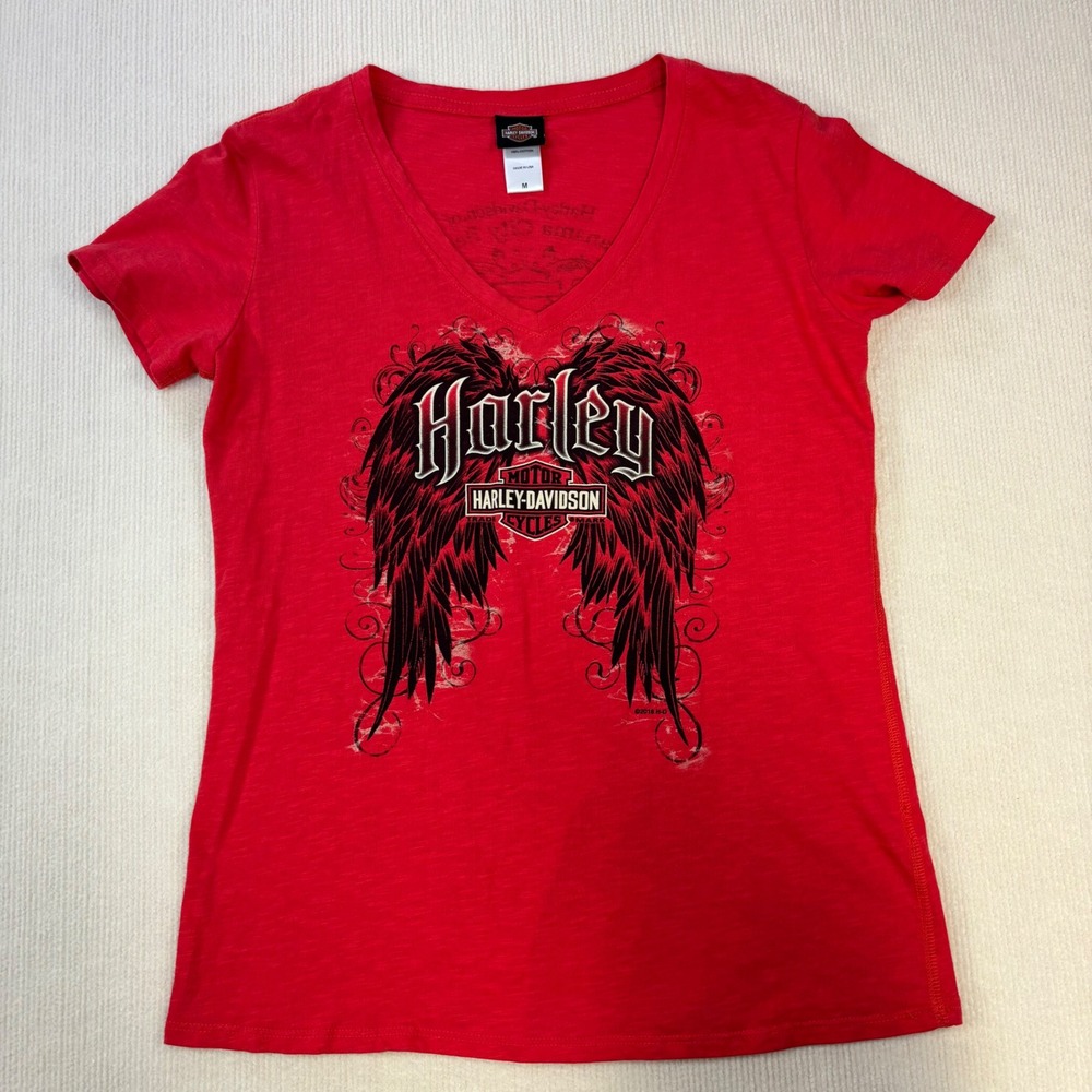 Harley-Davidson Womens Red Winged Graphic V Neck T Shirt Panama‎ City Beach FL